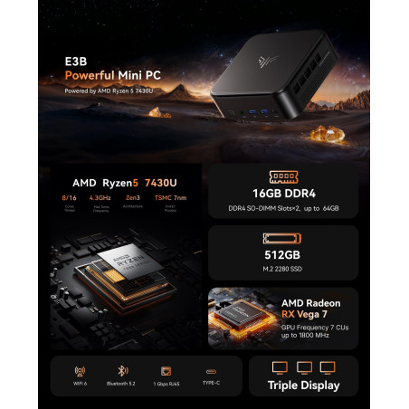NiPoGi E3B Mini PC AMD Ryzen 5 7430U 16 Go DDR4 / 512 Go SSD Micro Ordinateur Bureau, Graphique Radeon RX Vega 7, DP+HDMI+Type-C