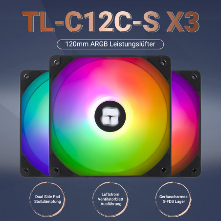 Thermalright TL-C12C-S Ventilateur de cpu 120mm ARGB Case Cooler Fan, 4pin PWM Silent Computer Fan avec roulement S-FDB inclus,