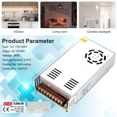 Alimentation 12V 30A transformateur convertisseur d'alimentation AC 110/220V DC 12V 30A 360W pour Informatique,lumières LED