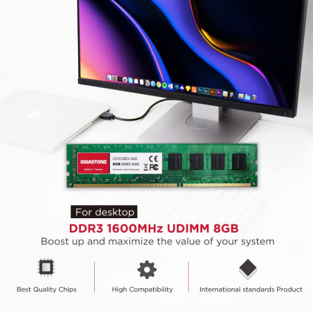 【DDR3 RAM】 GIGASTONE 32Go Kit(4x8Go) DDR3/DDR3L 1600MHz(1333MHz) PC3-12800(PC3-10600) CL11 1.35V/1.5V 2Rx8 UDIMM 240pin UnbuffeR