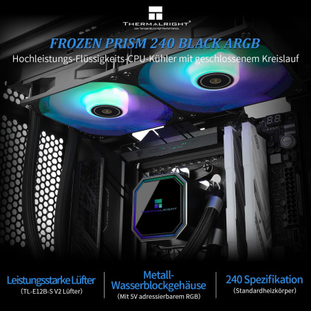 Thermalright Frozen Prism 240 Black ARGB CPU Refroidisseur d'eau avec deux ventilateurs PWM,Vitesse de rotation de la pompe à ea