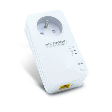 Metronic 495466 Prise CPL netsocket 600 MB/s avec 1 Port Fast Ethernet 100 MB/s et Prise gigogne