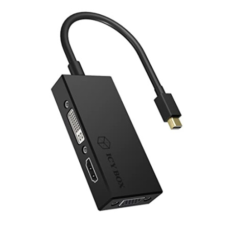 ICY BOX IB-AC1032 Adaptateur 3-en-1 Mini DisplayPort (Plug) pour HDMI (Ultra HD), DVI-D ou VGA (Full HD), Miroir/Expand, Noir