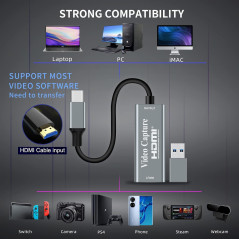 Carte de capture vidéo 1080p de type C, HDMI vers USB C, capture de jeux vidéo pour l'édition de jeux/streaming/enseignement en 