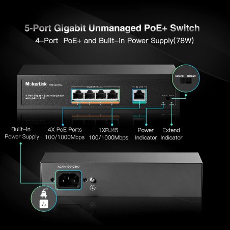 MokerLink 5 Port Gigabit PoE Switch, with 4 Ports PoE+ 1000Mbps, 78W IEEE802.3af/at, Plug and Play Non Géré, Métal Robuste, sans