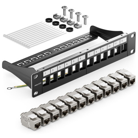 deleyCON SET 12 Ports CAT7 Panneau de Brassage Panneau de Distribution Modulaire 1 U Installation en Rack 10" + 12x Modules Keys