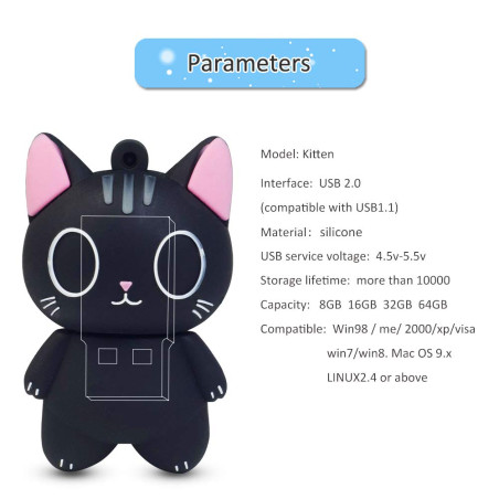 leizhan Clé USB 32Go, Clef USB en Forme de Chat Noir, Cle USB Unique Personnalisée et Adorable, Clé USB Enfant en Silicone, Memo