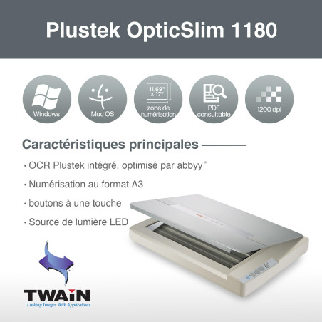 Plustek OS1180 Scanner à Plat pour Graphiques et Documents au Format A3 - Conception adaptée aux bibliothèques, écoles ou Petits