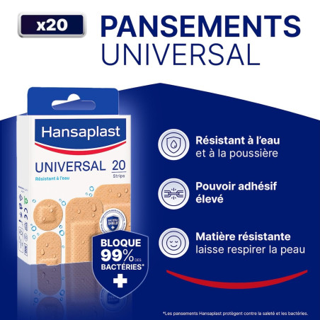 HANSAPLAST UNIVERSAL - 20 Pansements Prédécoupés - Résistants à l'Eau et à la Poussière - Pansements Couleur Chair - 4 Formats A