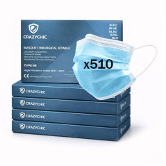 CRAZYCHIC - x510 Masque Chirurgical Médical BLEU Type IIR - Certifié CE Norme EN14683 - Masque Jetable 3 Plis Protection Respira