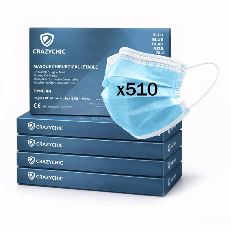 CRAZYCHIC - x510 Masque Chirurgical Médical BLEU Type IIR - Certifié CE Norme EN14683 - Masque Jetable 3 Plis Protection Respira