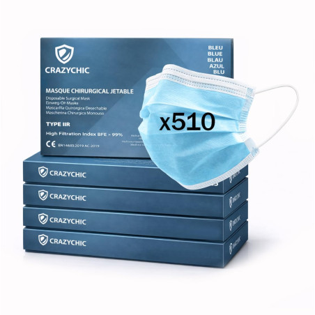 CRAZYCHIC - x510 Masque Chirurgical Médical BLEU Type IIR - Certifié CE Norme EN14683 - Masque Jetable 3 Plis Protection Respira