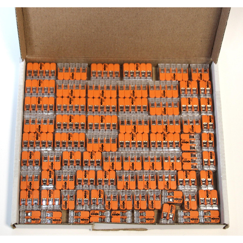 Wago 221 - Set de 75 connecteurs de câble (25 x 221-412, 25 x 221-413, 25 x 221 415) - Avec boîte refermable Wago 221 - Set de 75 connecteurs de câble (25 x 221-412, 25 x 221-413, 25 x 221 415) - Avec boîte refermable