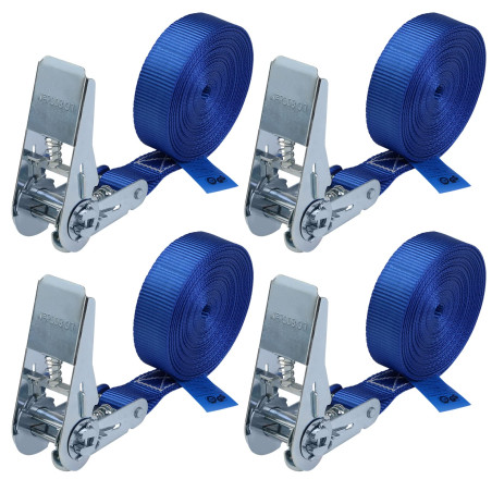 Sangle à cliquet d'arrimage 4 pièces Sangle de Fixation 4 m ou 6 m Bleu, Largeur 25 mm - Charge maximale 800 kg DIN en 12195-2, 
