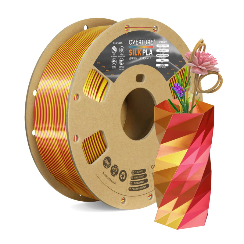 OVERTURE Filament Soie PLA Double Couleur 1,75 mm pour imprimante 3D, 1 kg bobine (2,2 lbs), Précision Dimensionnelle +/- 0,02 m OVERTURE Filament Soie PLA Double Couleur 1,75 mm pour imprimante 3D, 1 kg bobine (2,2 lbs), Précision Dimensionnelle +/- 0,02 m