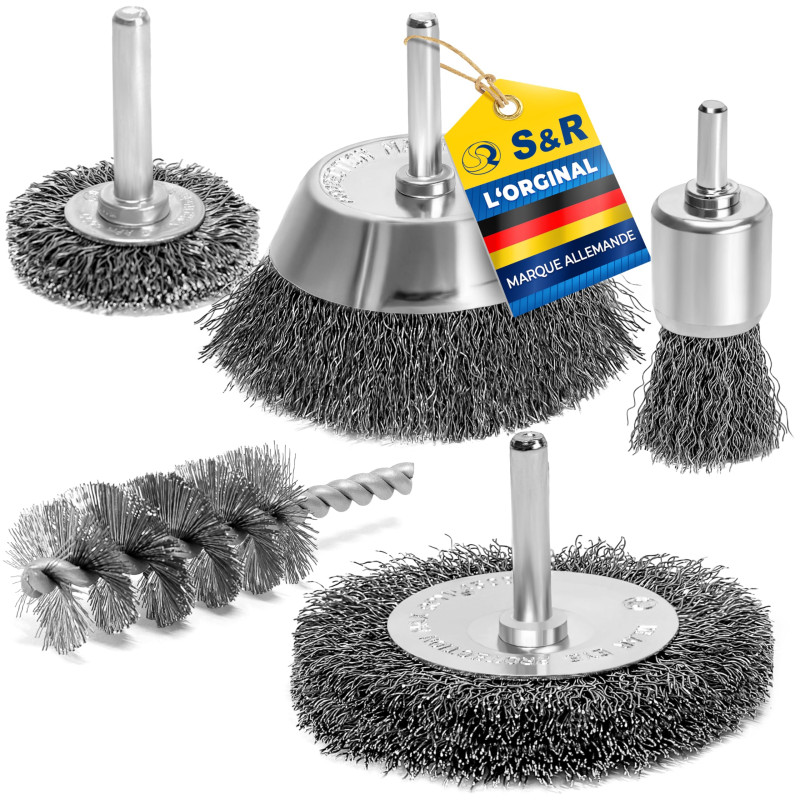 S&R 5 Brosses Métalliques pour Visseuse Perceuse à décaper et nettoyer Bois en Métal. Queue 6 mm lisse. S&R 5 Brosses Métalliques pour Visseuse Perceuse à décaper et nettoyer Bois en Métal. Queue 6 mm lisse.