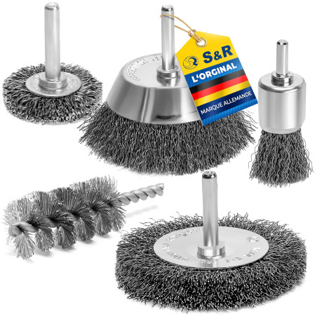 S&R 5 Brosses Métalliques pour Visseuse Perceuse à décaper et nettoyer Bois en Métal. Queue 6 mm lisse.