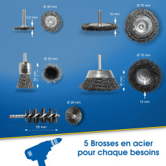 S&R 5 Brosses Métalliques pour Visseuse Perceuse à décaper et nettoyer Bois en Métal. Queue 6 mm lisse.