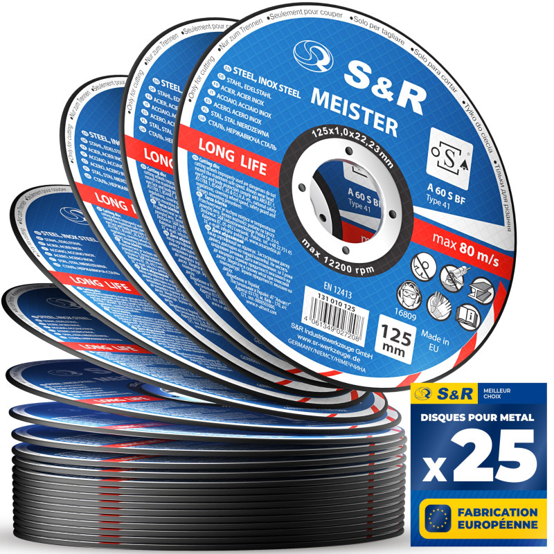S&R Disque 125 Meule à tronçonner Fer Métal, Acier Inox, Aluminium (125 x1,0x22,23mm A60) - 25 Disques Coupe pour Meuleuse d'Ang S&R Disque 125 Meule à tronçonner Fer Métal, Acier Inox, Aluminium (125 x1,0x22,23mm A60) - 25 Disques Coupe pour Meuleuse d'Ang