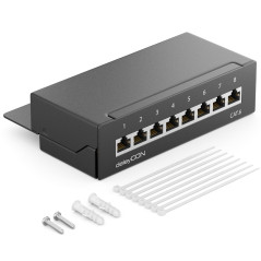 deleyCON CAT6 Panneau de Brassage 8 Ports Bureau & Montage Mural - Blindé - Prise 8x RJ45 - TIA568A TIA568B - Noir Pour Ordinate
