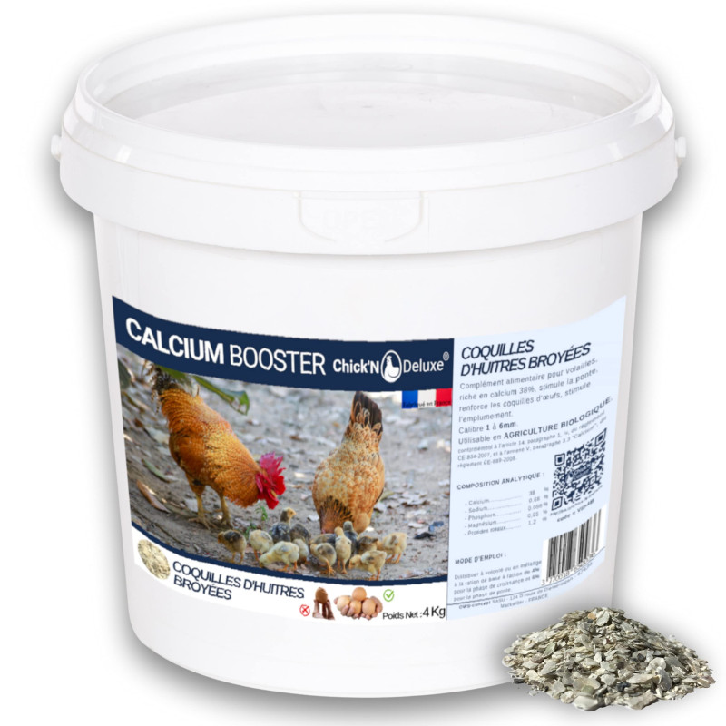 Chick'N Deluxe® Calcium Booster 4Kg. Coquille huitre Poules pondeuse. Produit minéral Naturel Riche en Calcium, stimule la Ponte Chick'N Deluxe® Calcium Booster 4Kg. Coquille huitre Poules pondeuse. Produit minéral Naturel Riche en Calcium, stimule la Ponte