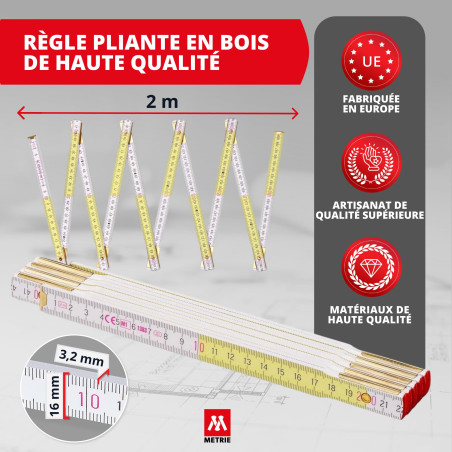 Metrie™ Mètres Pliants Perfekt 10 – Lot de 10x 2m | Blanc-Jaune | Bois Laqué, Articulations Acier – Graduation Duplex, Fabriqué 