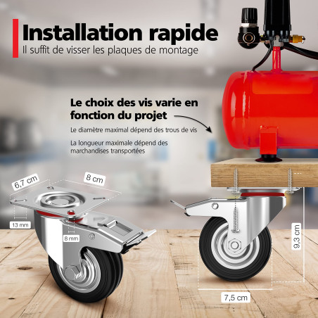 RAVN HAMAN Set de 4 Roulettes pivotantes 75 mm avec frein - Roulettes pour meubles jusqu'à 50 kg par roue - Charge lourde - Caou