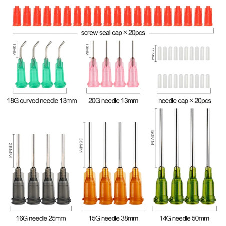 1ml 3ml 5ml 10ml 20ml Ensemble de seringues à aiguilles émoussées avec 14g 15g 16g 18g 20g Aiguilles émoussées et capuchon de se