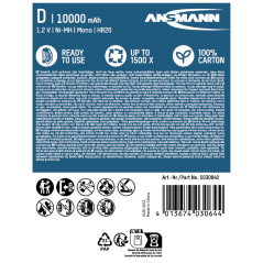 ANSMANN Piles Rechargeables Mono D Type 10000 1,2 V NimH (Lot de 2) – Piles HR20 Rechargeables à Faible autodécharge – Accumulat