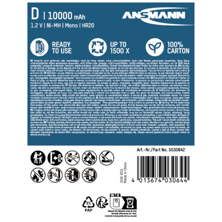 ANSMANN Piles Rechargeables Mono D Type 10000 1,2 V NimH (Lot de 2) – Piles HR20 Rechargeables à Faible autodécharge – Accumulat