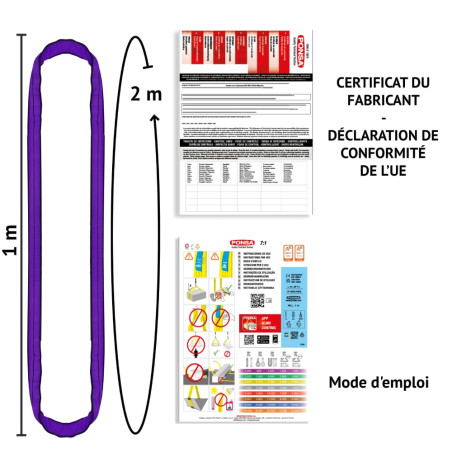 PONSA. 1t-1m. Élingue ronde - tubulaire de polyester HT. 1000 Kilos de résistance (1m longueur utilisable - 2 m longueur totale)