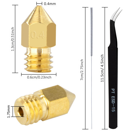 QIMEI-SHOP Buses d'Imprimante 0.4mm 3D MK8 Extrudeuse Laiton Buse avec Brucelles et Nettoyage Aiguilles Compatibles pour Crealit