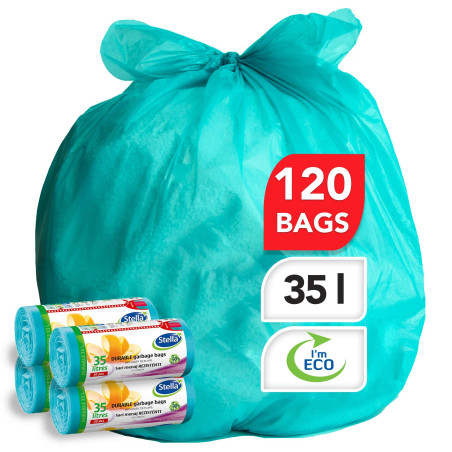 Stella Pack Sacs Poubelle 35l Turquoise 120 Pcs Éco-responsables 100 Plastique Recyclé Ultra Résistants Fermeture Vague Flexible