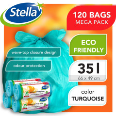 Stella Pack Sacs Poubelle 35l Turquoise 120 Pcs Éco-responsables 100 Plastique Recyclé Ultra Résistants Fermeture Vague Flexible