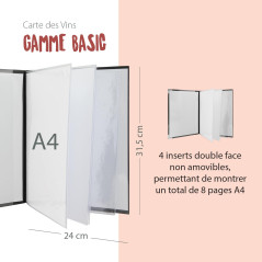 SECURIT - Carte des Vins Basic Line - 2 Inserts Fixes = 4 Feuilles A4 - Pour Café, Bar, Restaurant - PVC - Coloris Noir