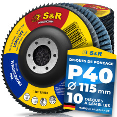 S&R Disque a Lamelles 115mm Lot de 10 Disque a meuler metal bois. Disque Abrasif 115 pour Acier Inox Bois Métal Grain 40. Disque