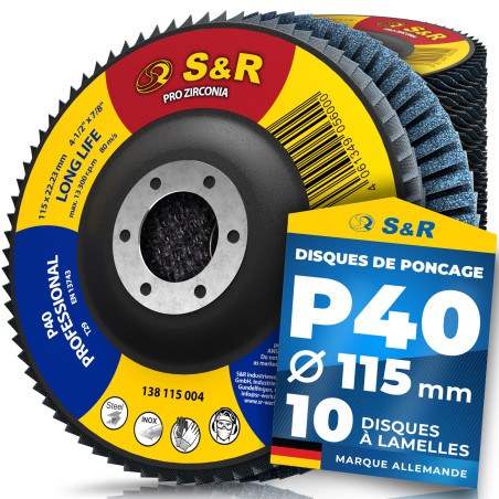 S&R Disque a Lamelles 115mm Lot de 10 Disque a meuler metal bois. Disque Abrasif 115 pour Acier Inox Bois Métal Grain 40. Disque