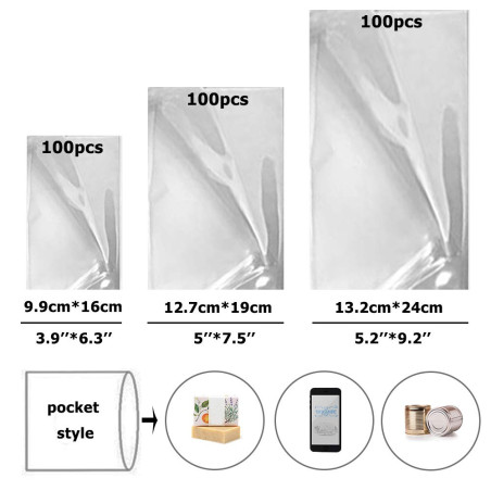 300 pcs Thermorétractable Sacs D'emballage, CNYMANY 9,9x16 12,7x19 13,2x24 cm Effacer Chaud Film rétractable De Chaleur pour Fai