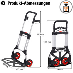 Meister 8985710 200 kg Capacity Foldable with Wheels Triple Height Adjustable Handle Large Loading Area with Solid Rubber Tread