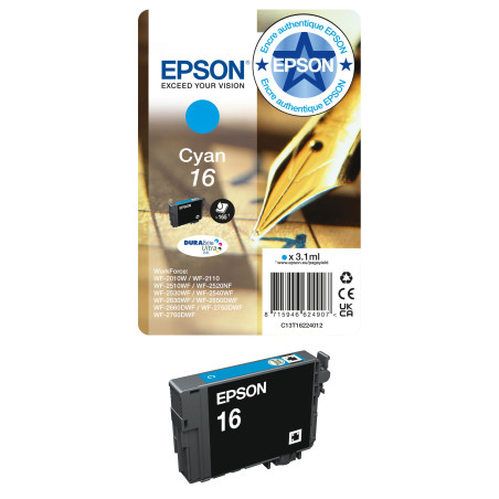 Epson 16 Stylo Plume Cyan, Cartouche d'encre d'origine, WF-2010W WF-2510WF WF-2520NF WF-2530WF WF-2540WF WF-2630WF WF-2650DWF WF