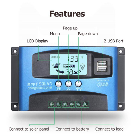 SolaMr 50A Régulateur de Charge Solaire 12V/24V Contrôleur de Charge de Batterie pour Panneau Solaire avec Écran LCD et Double P