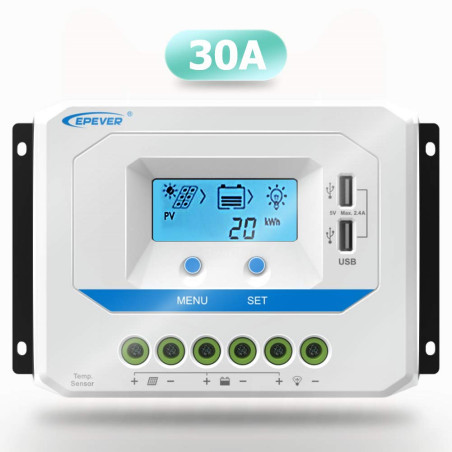 SolaMr 30A Régulateur de Charge Solaire 12V/24V Contrôleur de Charge Solaire avec Ecran LCD et Double Port USB - 30A