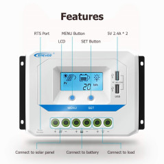 SolaMr 30A Régulateur de Charge Solaire 12V/24V Contrôleur de Charge Solaire avec Ecran LCD et Double Port USB - 30A