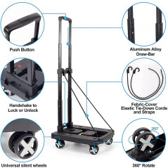 Chariot à Plateforme, MAXBROTHERS Chariot Pliant avec poignée télescopique et Roue en Caoutchouc rotative à 360, degrés pour Les