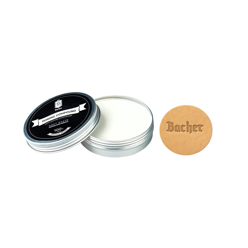 Bacher Composé de Polissage Fine - pour Strop d’affûtage - 100 g Pate de Polissage avec cuir applicateur Bacher Composé de Polissage Fine - pour Strop d’affûtage - 100 g Pate de Polissage avec cuir applicateur