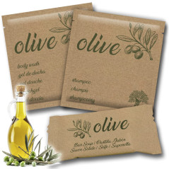 GPQ - Pack Amenities OLIVE | Kit de Gel + Shampooing + Savonnette | 100 Ud. x 3 Produits | Huile d’Olive, Sans Parabènes | Hôtel