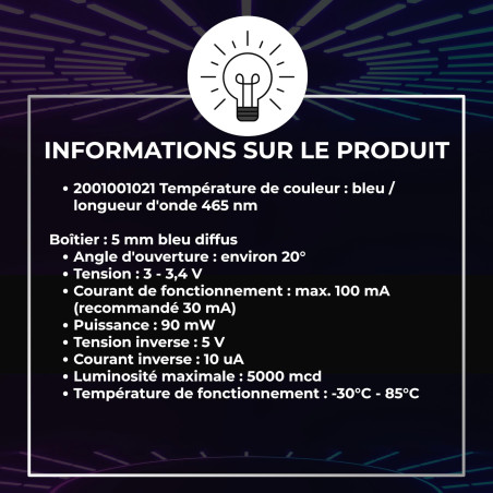 Lumetheus LED Diodes électroluminescentes 5mm couleur Bleu Ultra-lumineux 5000 mcd 100 pièces 2-3V 2 Pin LEDs Ampoule Diode à so