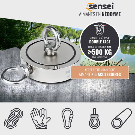 Sensei Kit de Pêche à l'Aimant, Aimant Néodyme Double Face 500 kg N52 avec Accessories