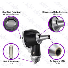 Mini otoscope à fibre optique noir avec LED supplémentaire remplaçable pour adultes et animaux de compagnie