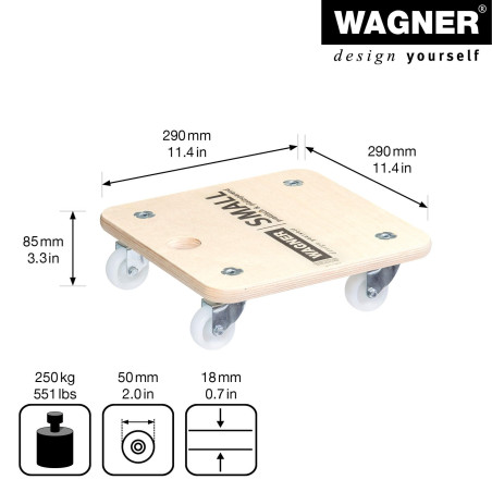 Wagner Chariot de Transport MM 1352 I 29 x 29 x 8,5 cm - Charge 250 kg - pour Objets, équipements et Meubles I Trou de préhensio